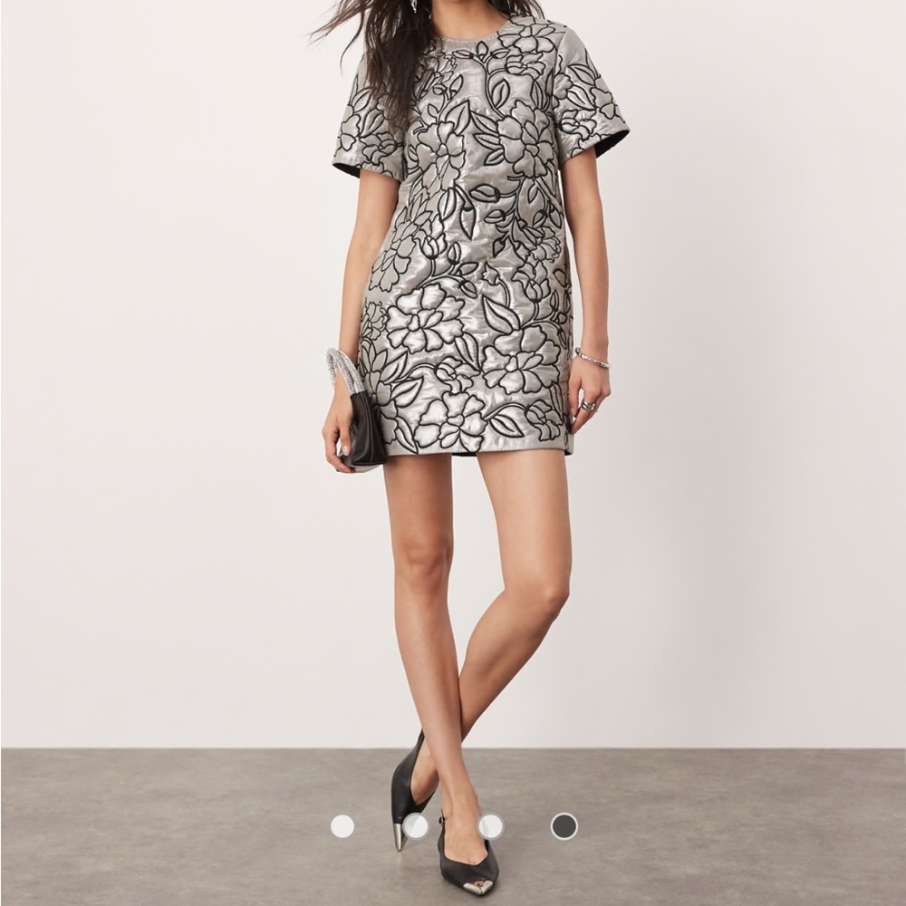 ASOS EDITION embroidered quilted metallic bow back mini dress in silver grey 6
